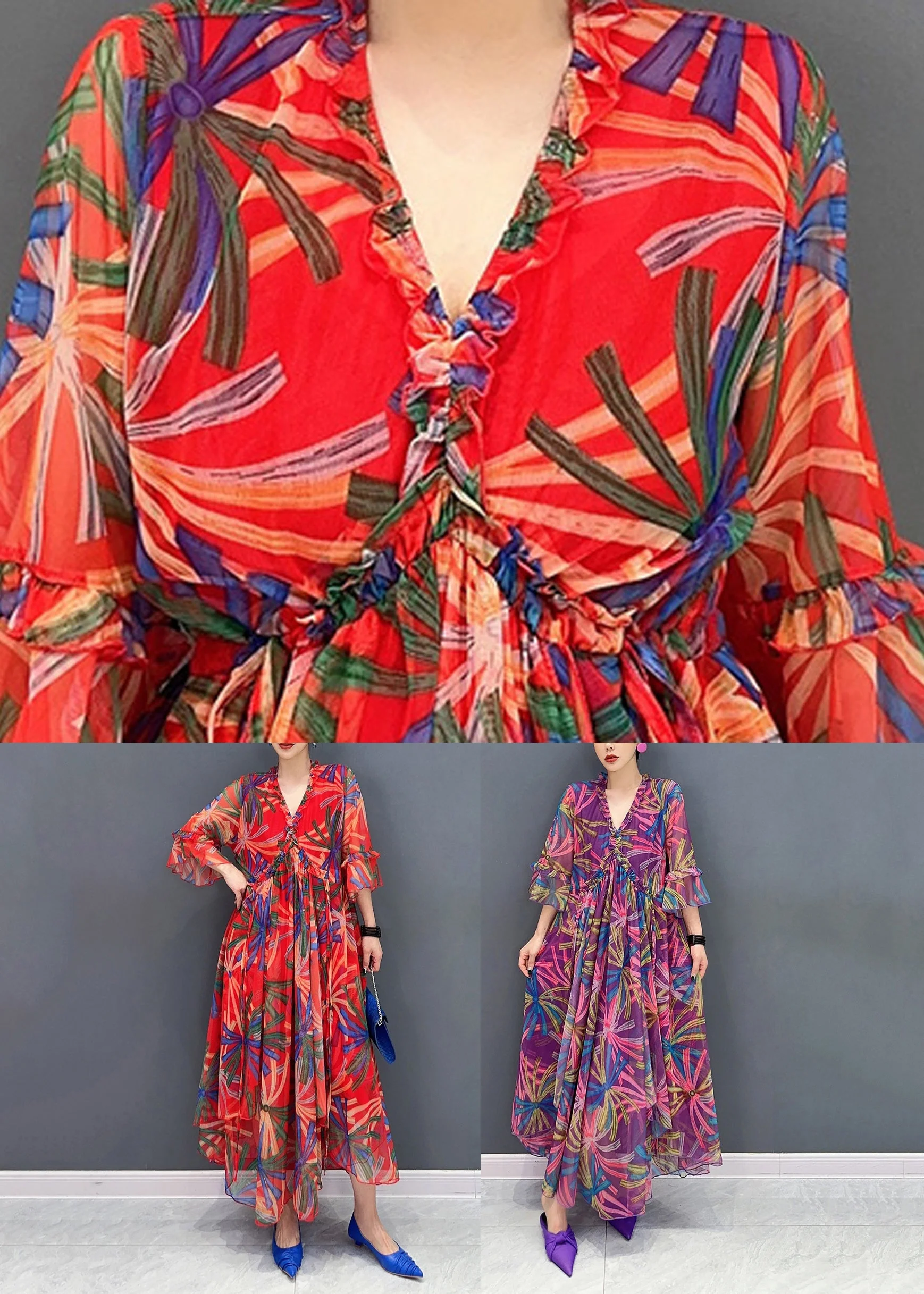Style Red V Neck Drawstring Vacation Chiffon Maxi Dresses Summer - Image 5