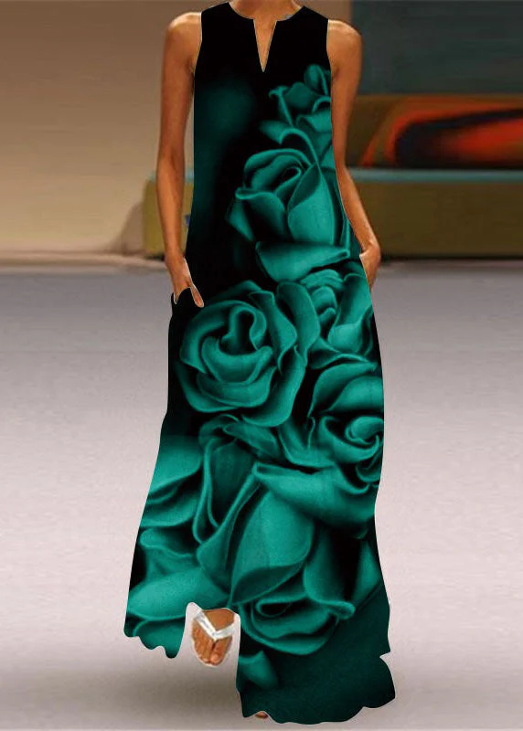 Style Red V Neck Print Patchwork Chiffon Maxi Dresses Summer - Image 2