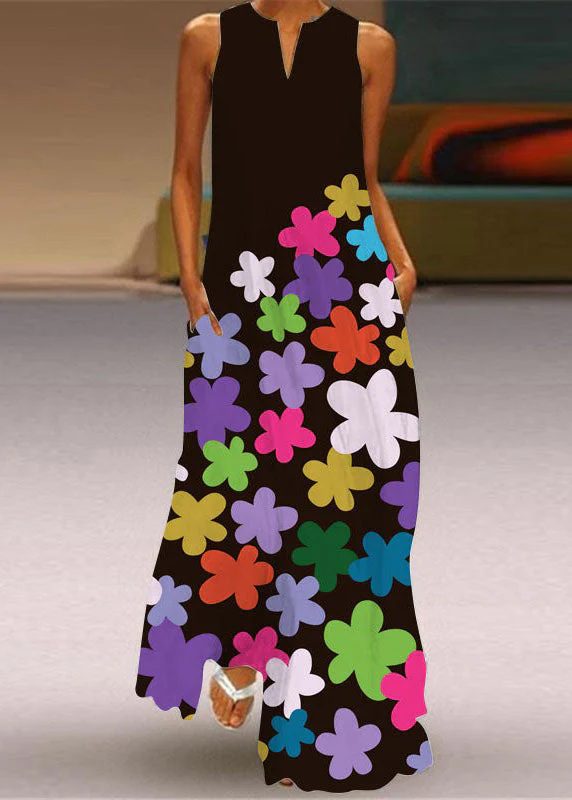 Style Red V Neck Print Patchwork Chiffon Maxi Dresses Summer - Image 3