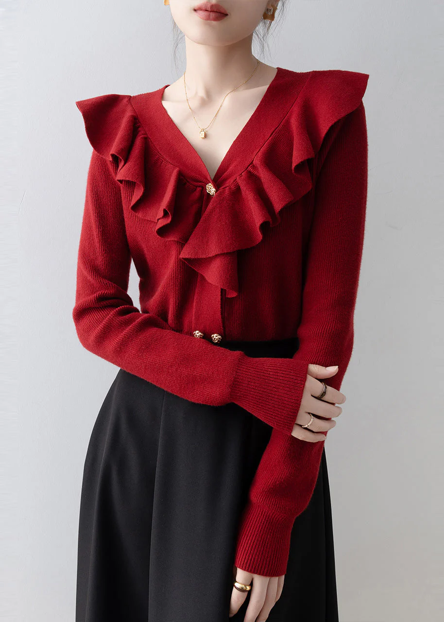 Style Red V Neck Ruffled Knit Shirts Spring - Image 2