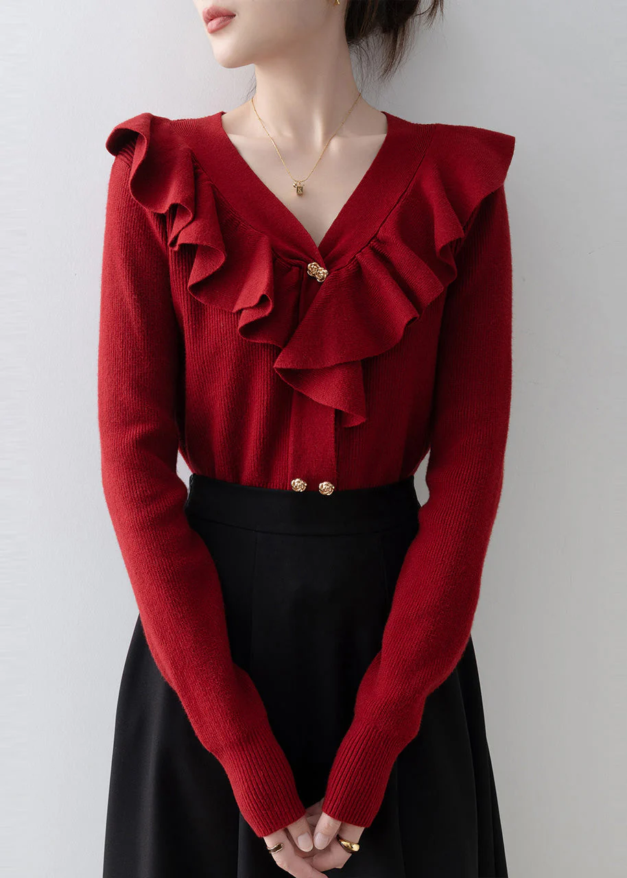 Style Red V Neck Ruffled Knit Shirts Spring - Image 3