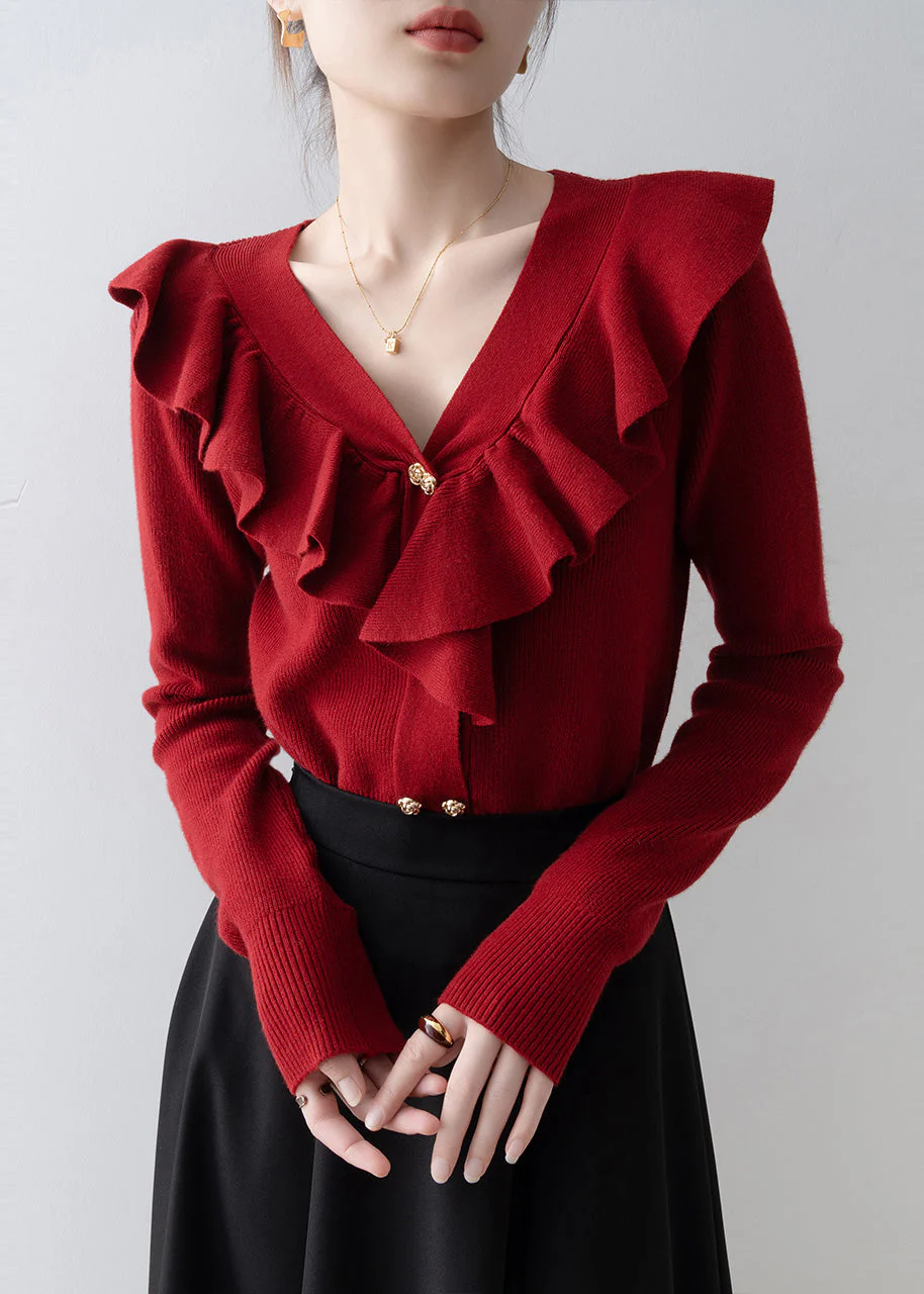 Style Red V Neck Ruffled Knit Shirts Spring - Image 4