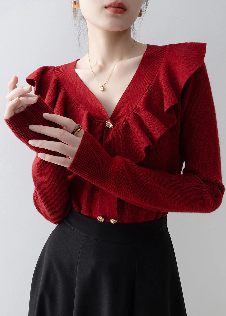 Style Red V Neck Ruffled Knit Shirts Spring - Image 5