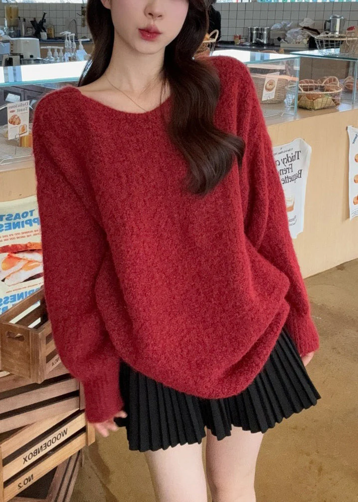 Style Red Wear On Both Sides Patchwork Bow Knit Sweaters Winter - Image 3