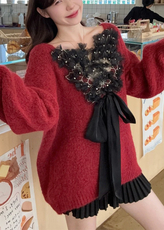 Style Red Wear On Both Sides Patchwork Bow Knit Sweaters Winter - Image 5