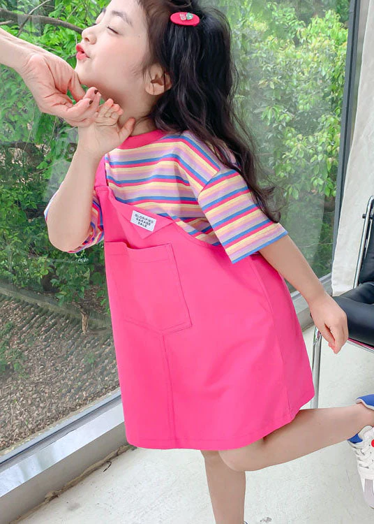 Style Rose O Neck Patchwork False Two Pieces Cotton Baby Girls Dress Summer - Image 3