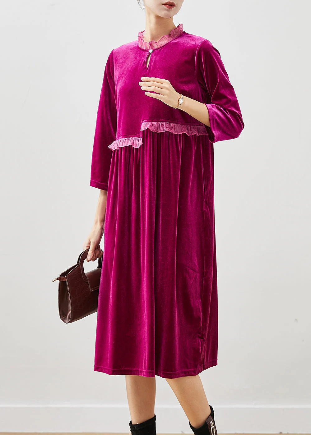 Style Rose Ruffled Patchwork Silk Velour Party Dress Bracelet Sleeve - Image 2