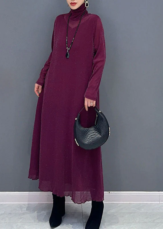 Style Rose Turtleneck Patchwork Tulle Long Dress Long Sleeve - Image 3