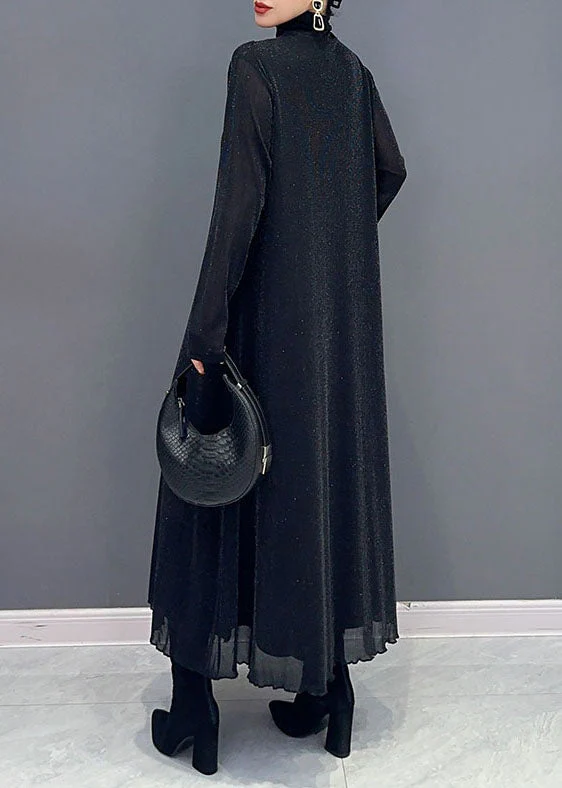 Style Rose Turtleneck Patchwork Tulle Long Dress Long Sleeve - Image 4