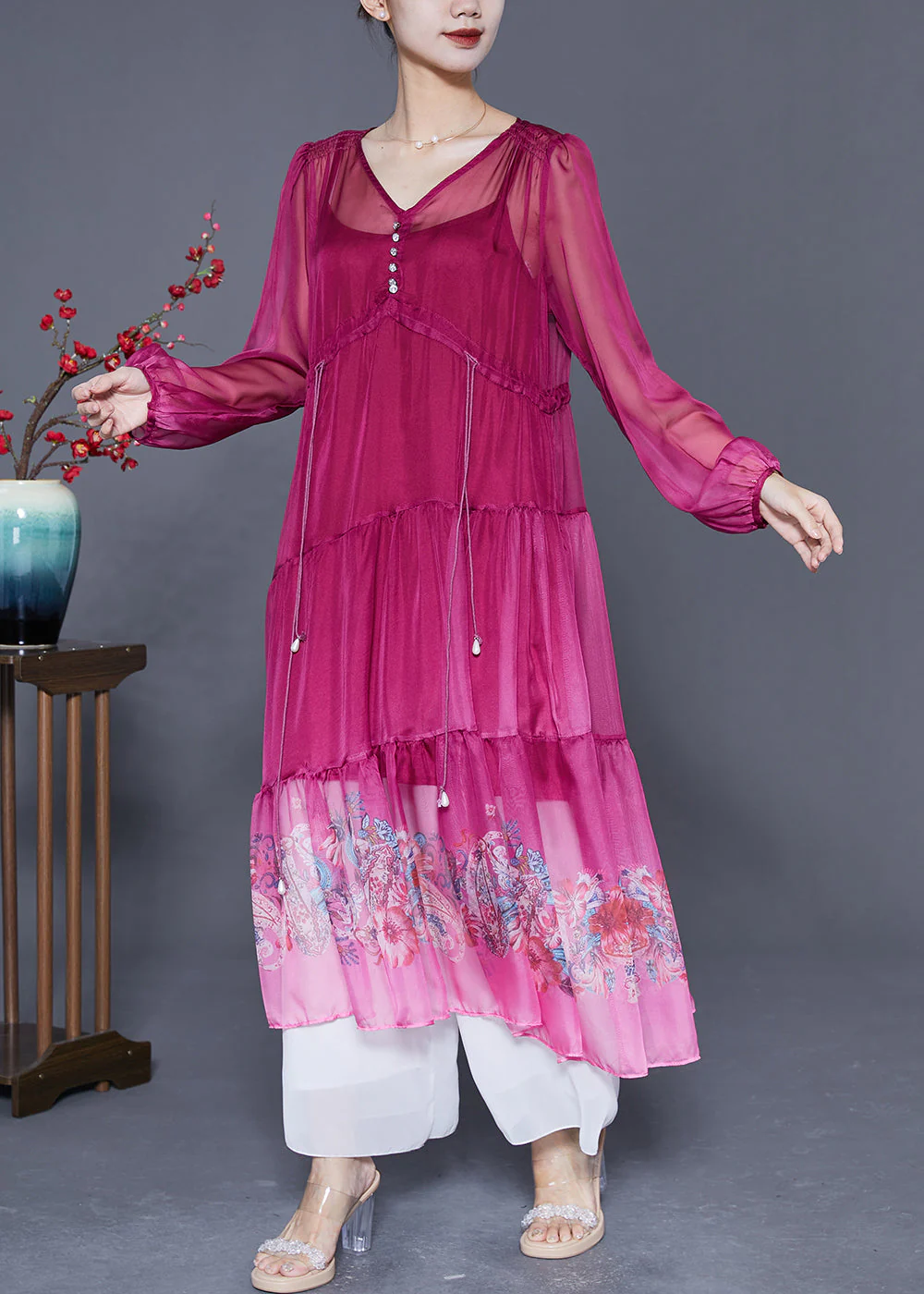 Style Rose V Neck Drawstring Patchwork Print Chiffon Beach Dress Summer - Image 2
