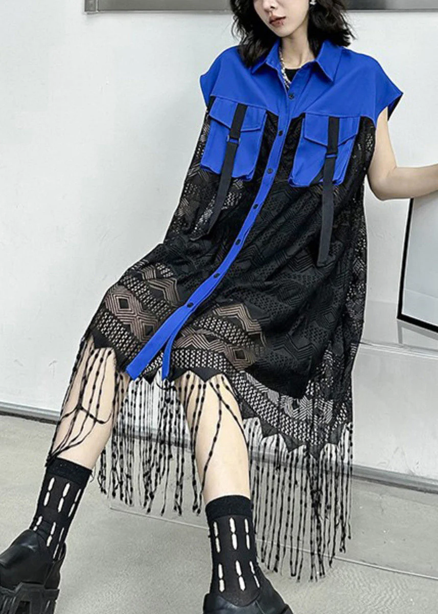 Style Royal Blue Peter Pan Collar Tasseled Patchwork Lace Shirts Dress Sleeveless