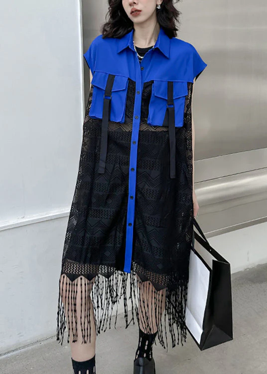 Style Royal Blue Peter Pan Collar Tasseled Patchwork Lace Shirts Dress Sleeveless - Image 2