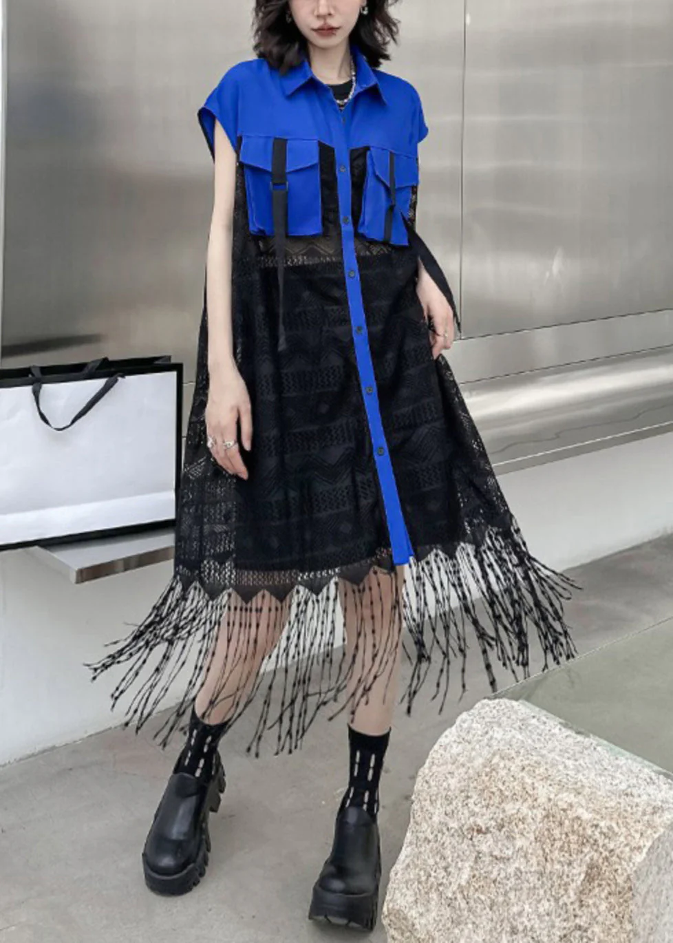 Style Royal Blue Peter Pan Collar Tasseled Patchwork Lace Shirts Dress Sleeveless - Image 3