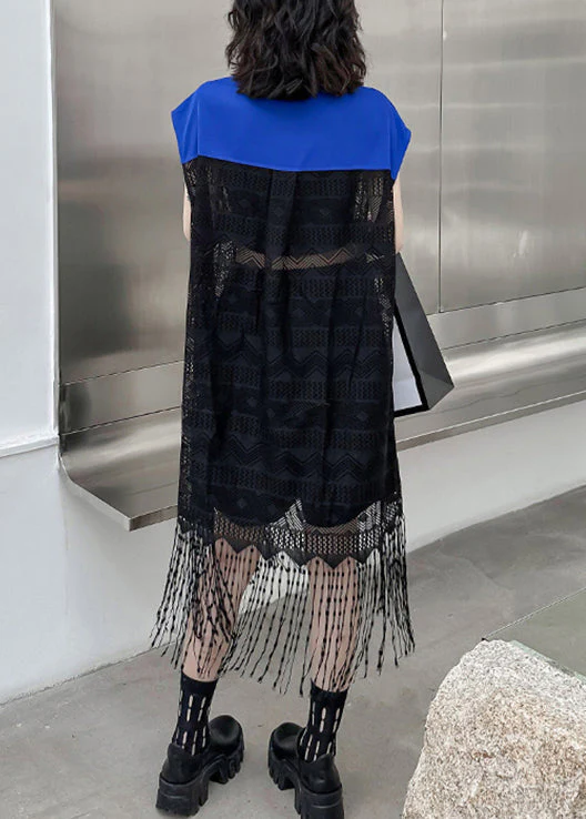 Style Royal Blue Peter Pan Collar Tasseled Patchwork Lace Shirts Dress Sleeveless - Image 5