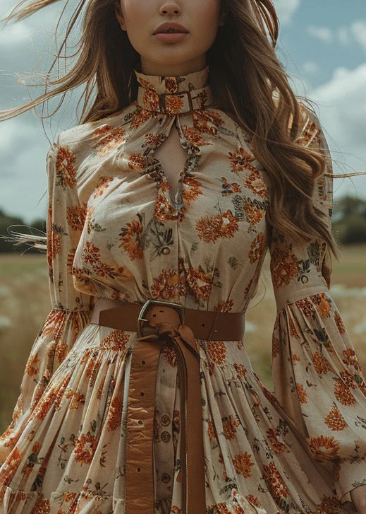 Style Ruffled Print Button Cotton Mini Dress Lantern Sleeve - Image 2