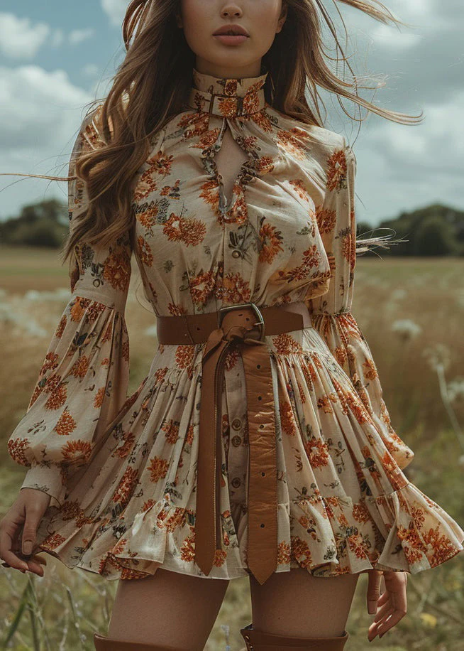 Style Ruffled Print Button Cotton Mini Dress Lantern Sleeve - Image 3