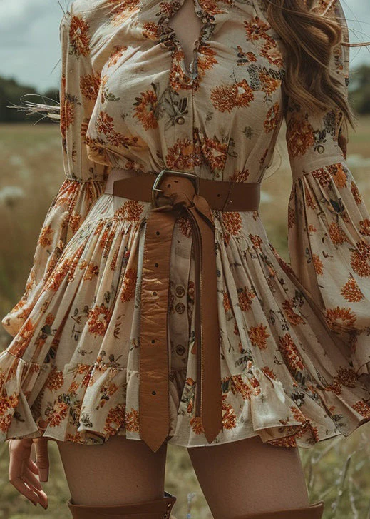 Style Ruffled Print Button Cotton Mini Dress Lantern Sleeve - Image 4