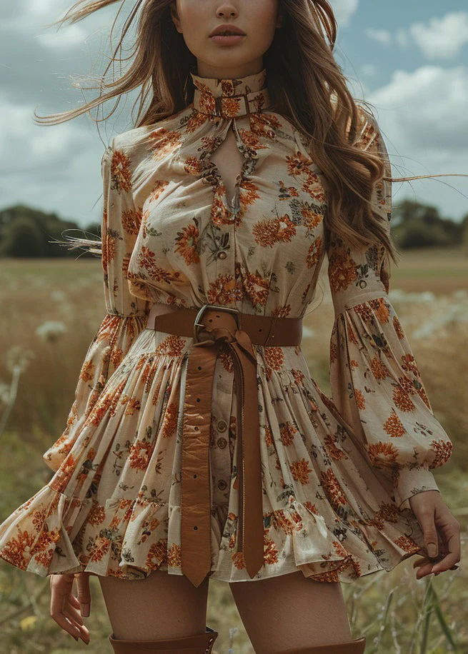 Style Ruffled Print Button Cotton Mini Dress Lantern Sleeve - Image 5