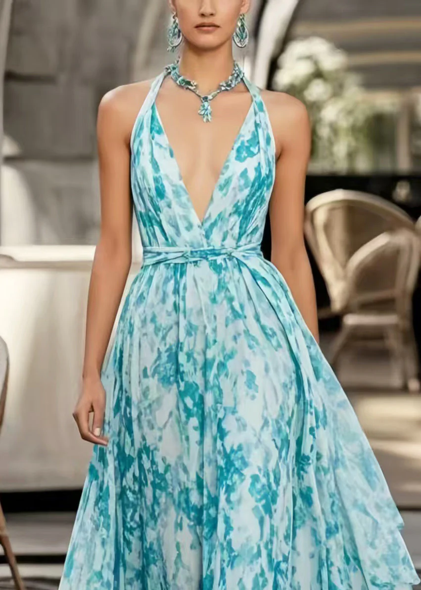 Style Sea Blue Tie Dye Exra Large Hem Chiffon Halter Beach Dress Summer - Image 2