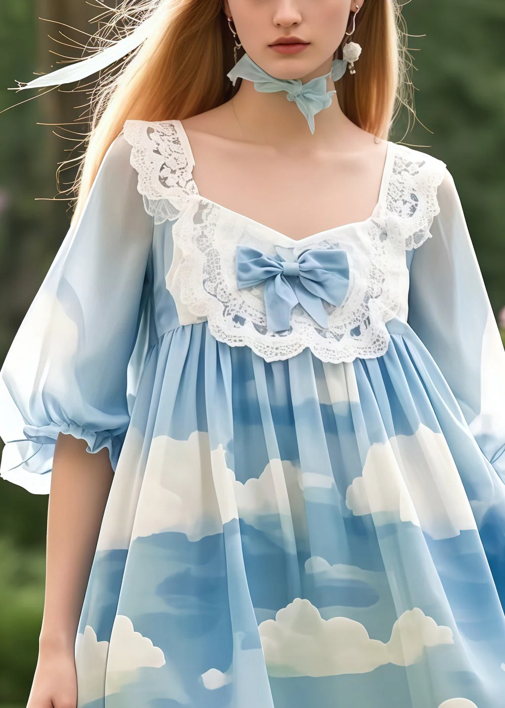 Style Sky Blue Oversized Print Chiffon Mini Dresses Summer - Image 2