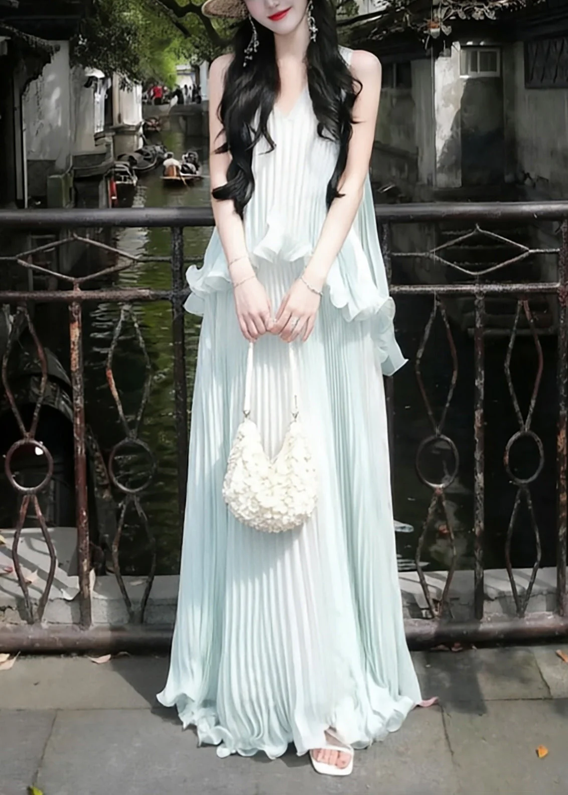 Style Sky Blue Ruffled Wrinkled Chiffon Holiday Dress Sleeveless - Image 3