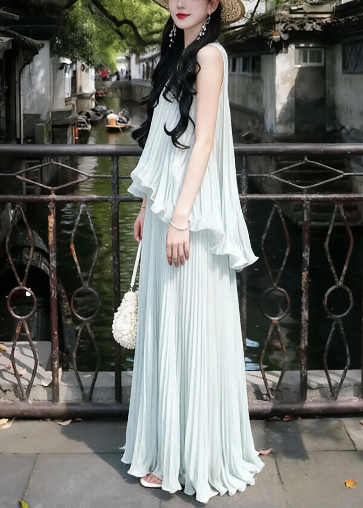 Style Sky Blue Ruffled Wrinkled Chiffon Holiday Dress Sleeveless - Image 4