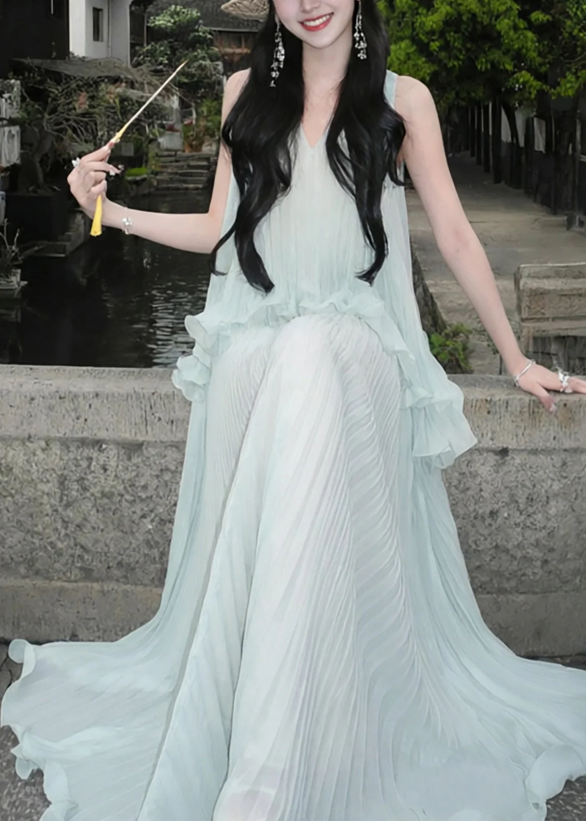 Style Sky Blue Ruffled Wrinkled Chiffon Holiday Dress Sleeveless - Image 5