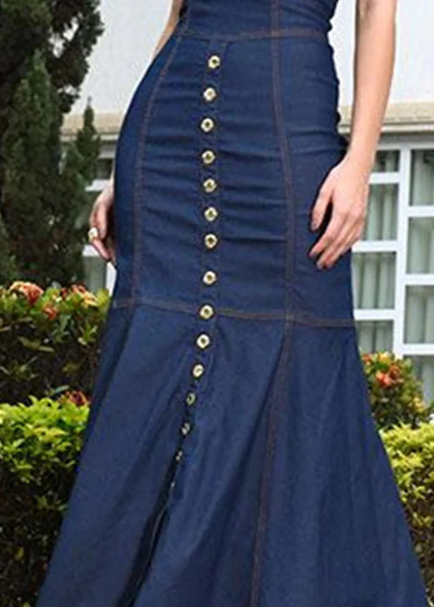 Style Slim Fit Navy O Neck Patchwork Long Denim Dress Summer - Image 5