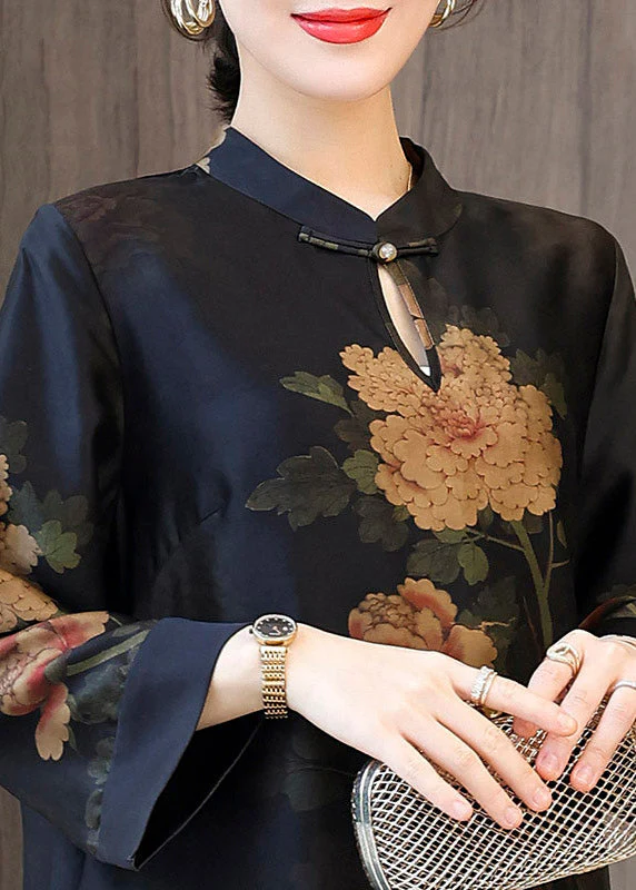 Style Stand Collar Button Side Open Maxi Dresses Long Sleeve - Image 2
