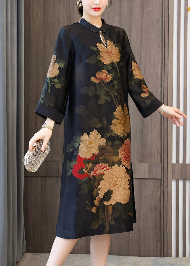Style Stand Collar Button Side Open Maxi Dresses Long Sleeve - Image 3