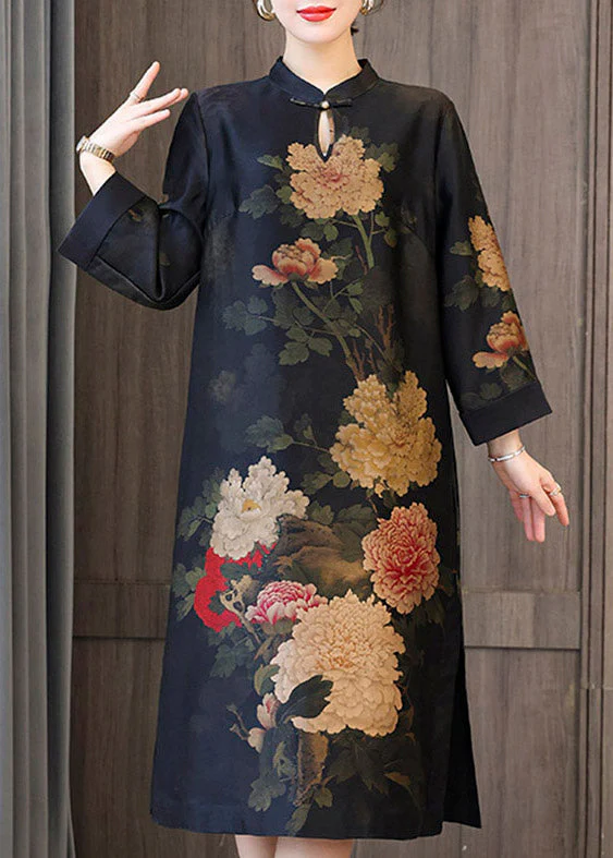 Style Stand Collar Button Side Open Maxi Dresses Long Sleeve - Image 4