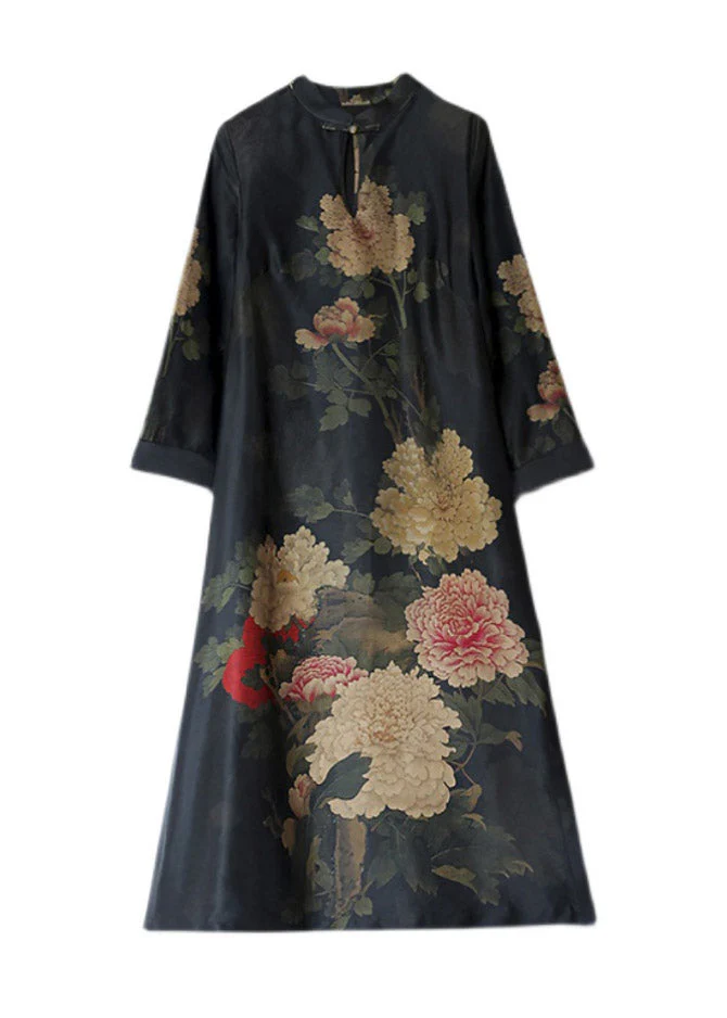 Style Stand Collar Button Side Open Maxi Dresses Long Sleeve - Image 5