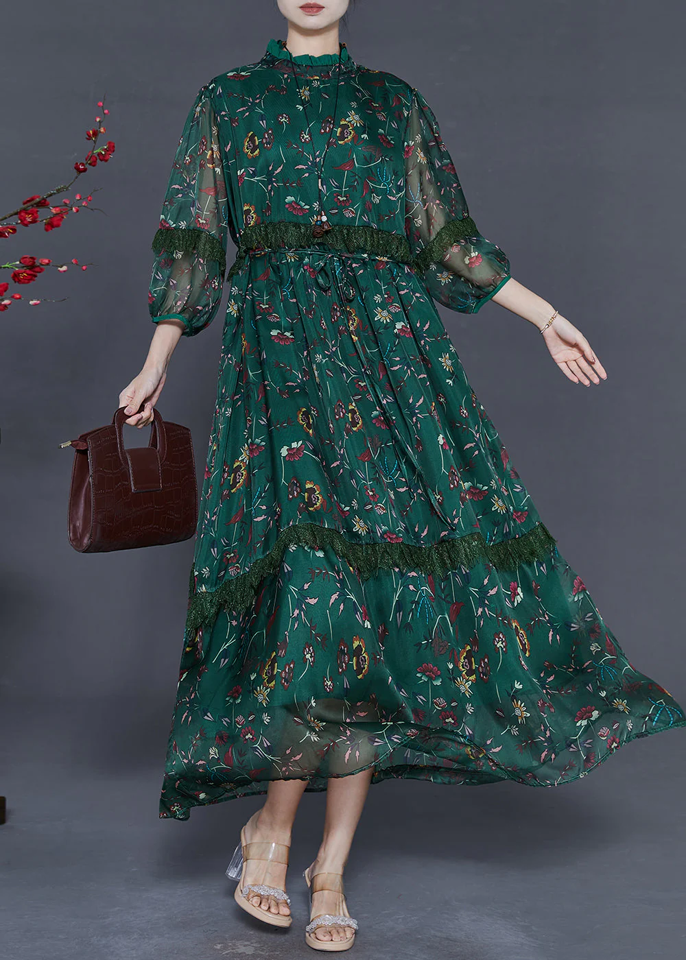 Style Tea Green Print Chiffon Ankle Dress Bracelet Sleeve - Image 2