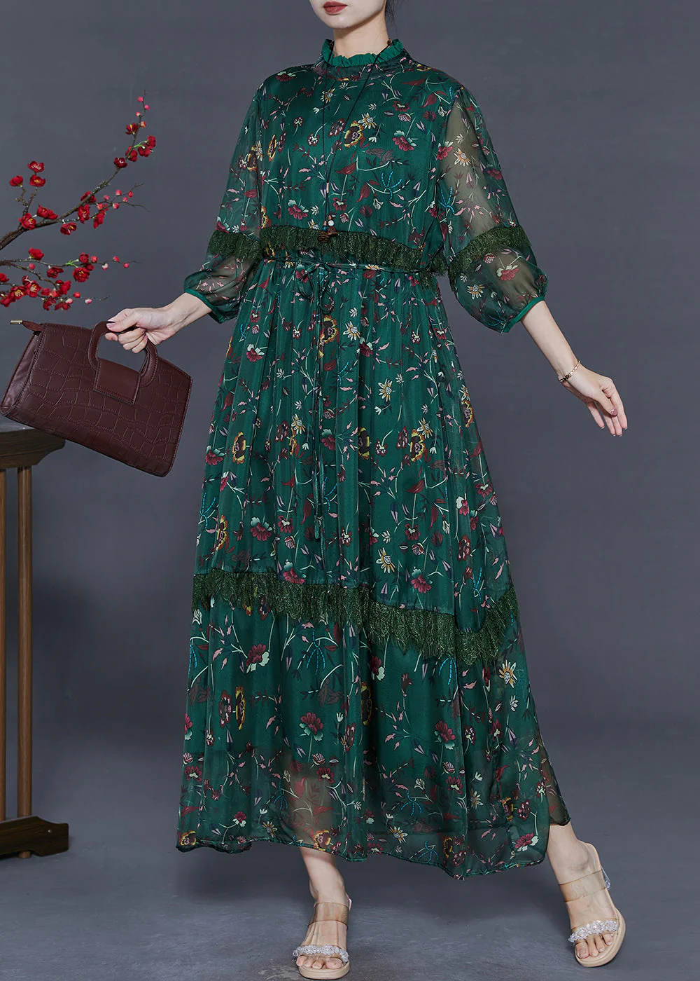 Style Tea Green Print Chiffon Ankle Dress Bracelet Sleeve - Image 3