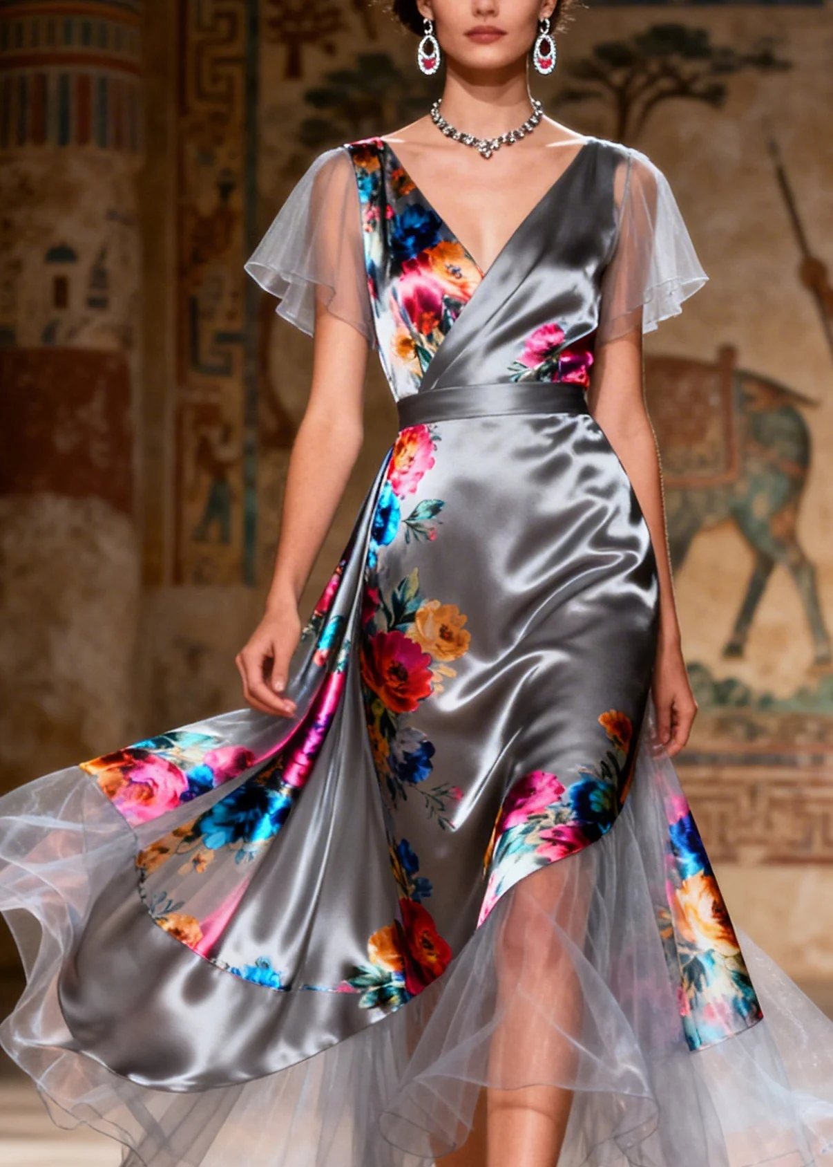 Style V Neck Asymmetrical Tulle Patchwork Silk Dresses Summer - Image 2