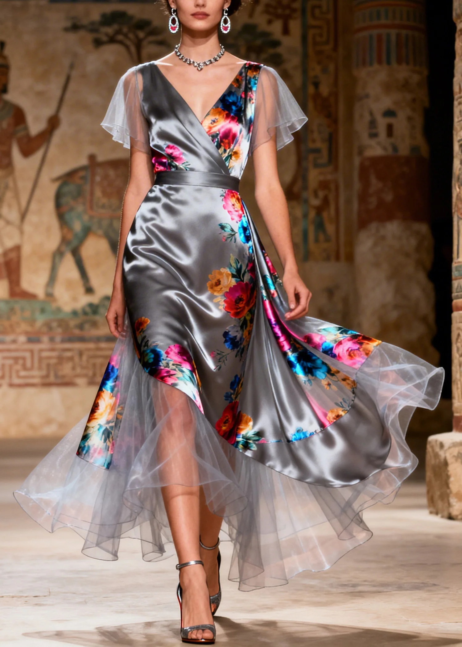 Style V Neck Asymmetrical Tulle Patchwork Silk Dresses Summer - Image 3