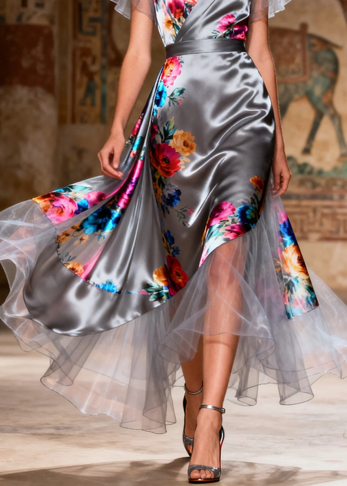 Style V Neck Asymmetrical Tulle Patchwork Silk Dresses Summer - Image 4
