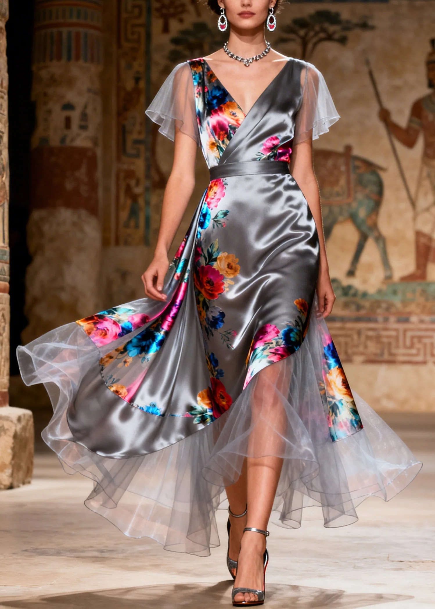Style V Neck Asymmetrical Tulle Patchwork Silk Dresses Summer - Image 5