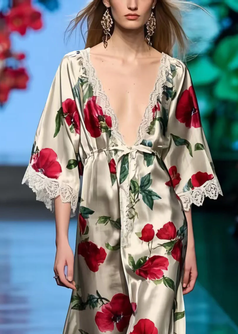 Style V Neck Floral Print Silk Holiday Dresses Summer - Image 2