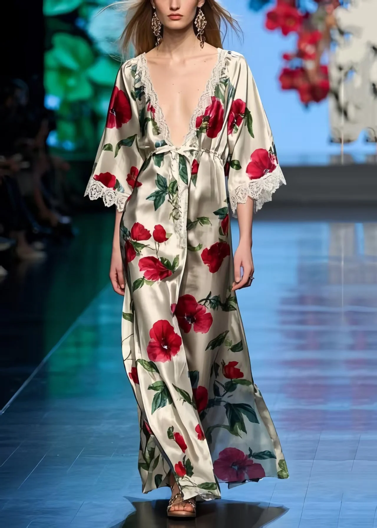 Style V Neck Floral Print Silk Holiday Dresses Summer - Image 3