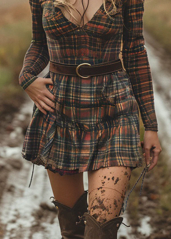 Style V Neck Plaid Cotton Mini Dress Long Sleeve - Image 4