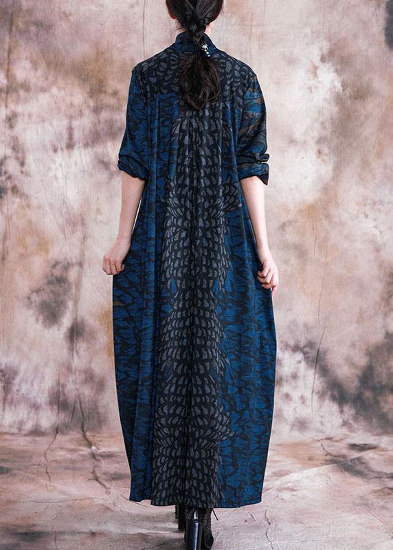 Style v neck pockets Outfits blue print loose Dress fall - Image 4