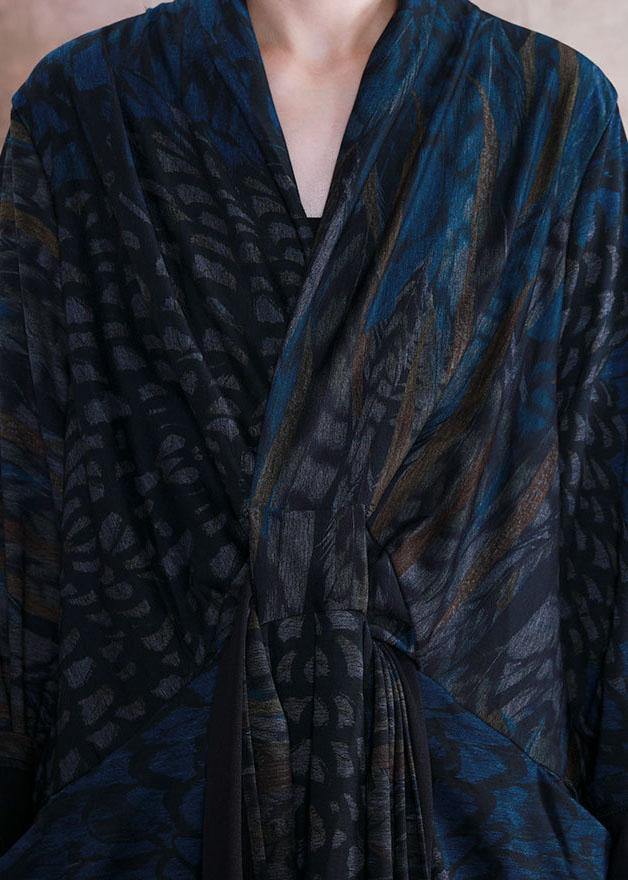 Style v neck pockets Outfits blue print loose Dress fall - Image 5