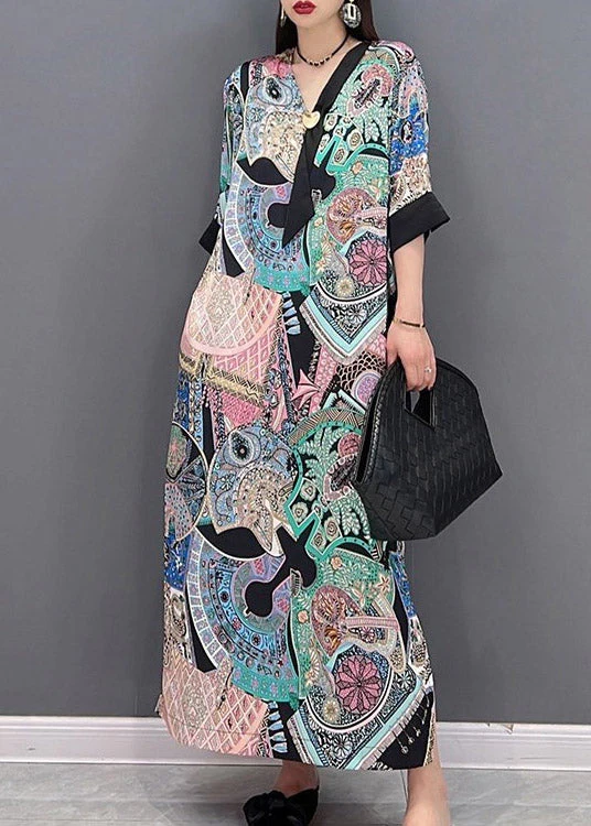 Style V Neck Print Pockets Side Open Chiffon Dresses Half Sleeve - Image 2