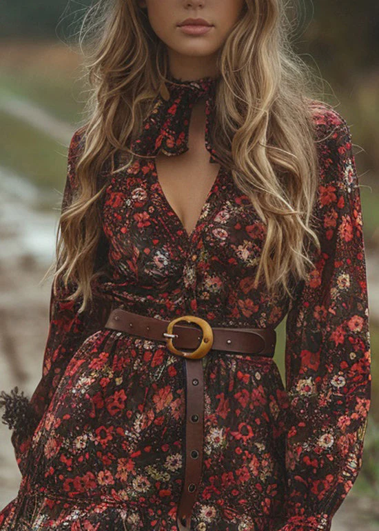 Style V Neck Ruffled Print Cotton Mini Dress Long Sleeve - Image 2