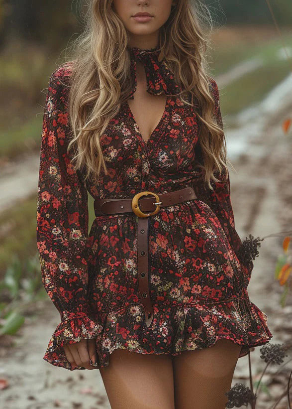 Style V Neck Ruffled Print Cotton Mini Dress Long Sleeve - Image 3