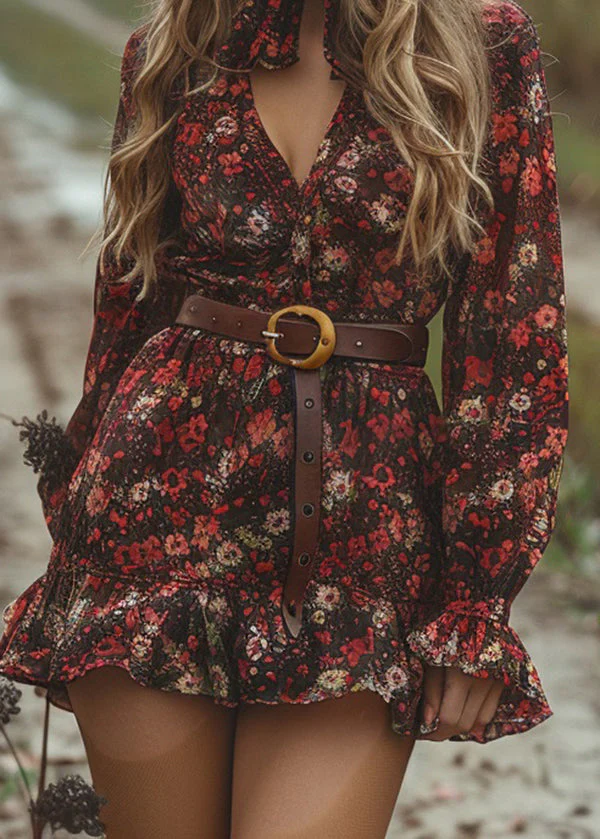 Style V Neck Ruffled Print Cotton Mini Dress Long Sleeve - Image 4