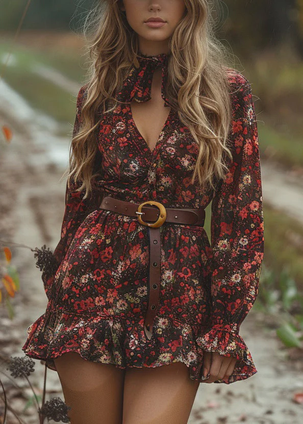 Style V Neck Ruffled Print Cotton Mini Dress Long Sleeve - Image 5