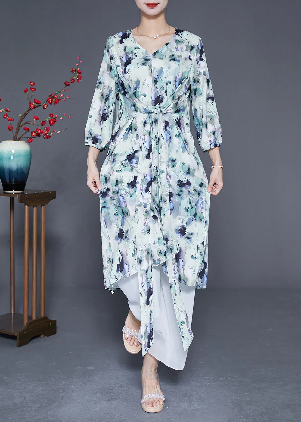 Style V Neck Tie Dye Lace Up Silk Vacation Dresses Bracelet Sleeve - Image 3