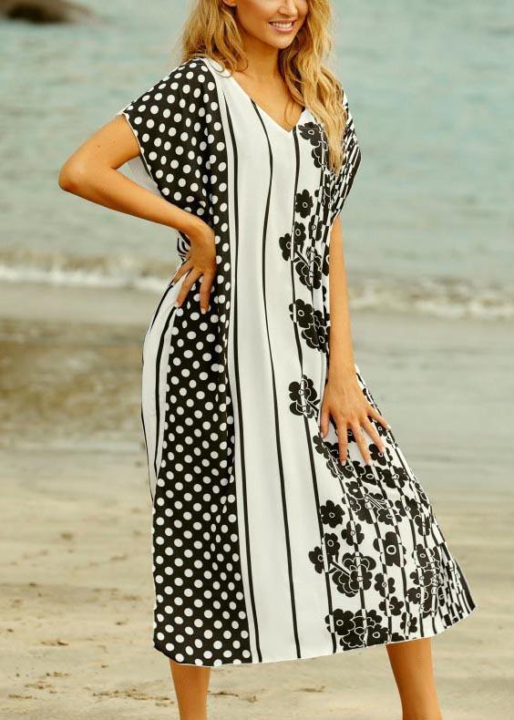 Style White Dot Floral V Neck Cotton Loose Beach Gown Mid Dress